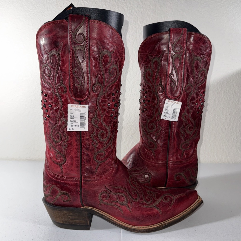 Lucchese Womens Red Burnished Mad Dog Goat Leather Cowboy Boots 8 Studded 🤠 - Picture 4 of 16